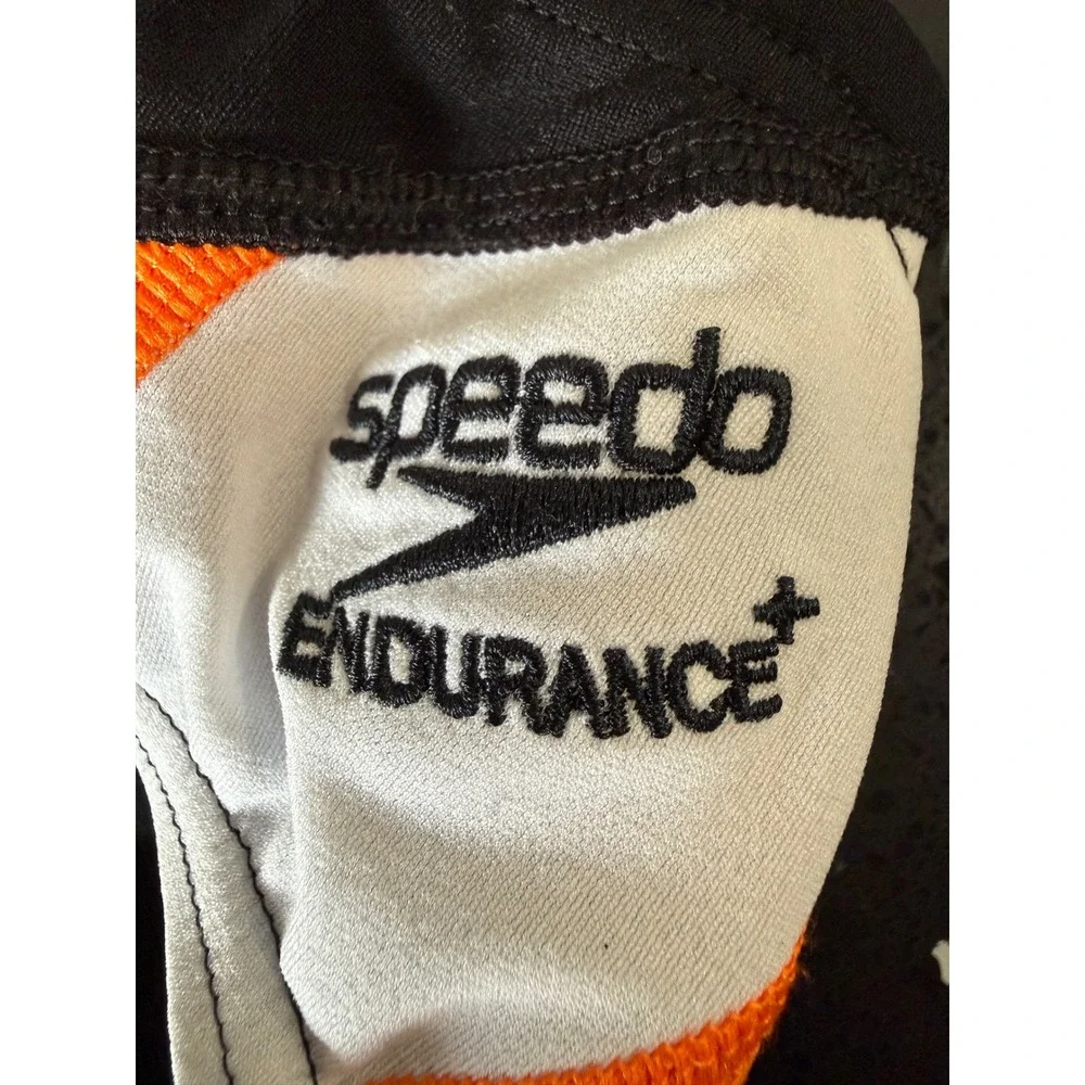 Speedo Endurance+‎ Mens Swim Briefs Size 28 Black Orange YMCA Barracudas Team